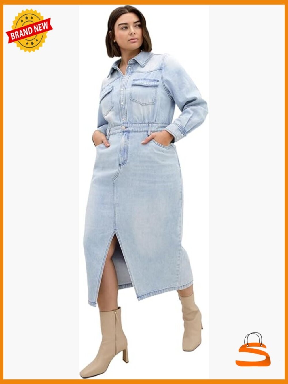 Plus Size Denim Shift Dress with Pockets - Midi Length